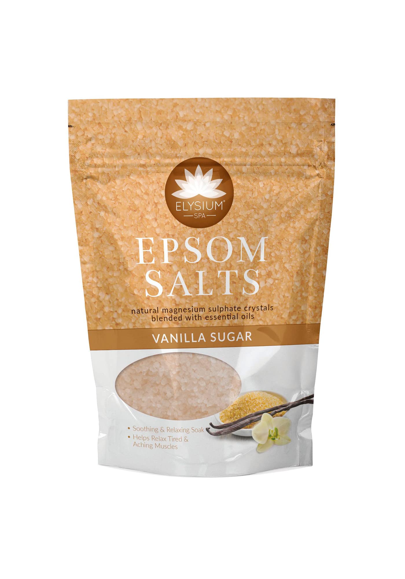 Elysium Spa Vanilla Sugar Epsom Bath Salts | Natural Magnesium Sulphate Crystals with Essential Oils For Relaxing & Soothing Soak - Eases Muscle Aches & Sores (450g)