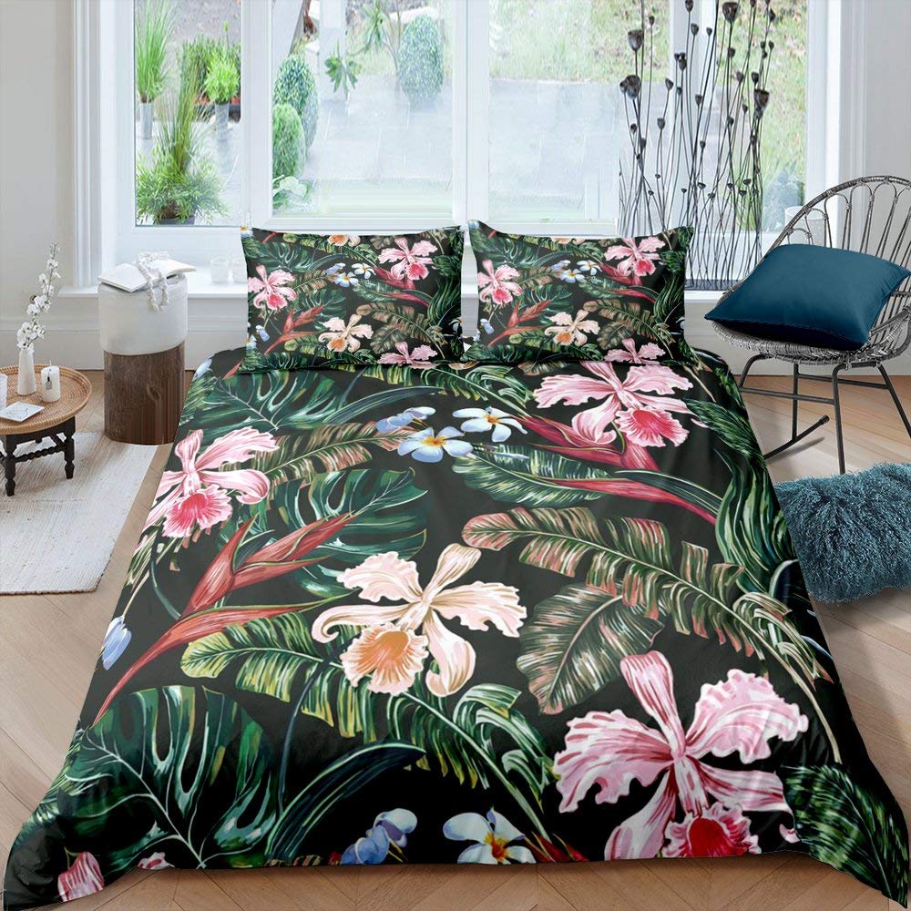 Palm Leaves Duvet Cover Tropical Floral Jungle Leaf Bedding Set Double Size,Exotic Botanical Orchid Plant Flower Comforter Cover Set For Kids Boys Girls Teens Adult Hawaiian Style Bedroom Decor