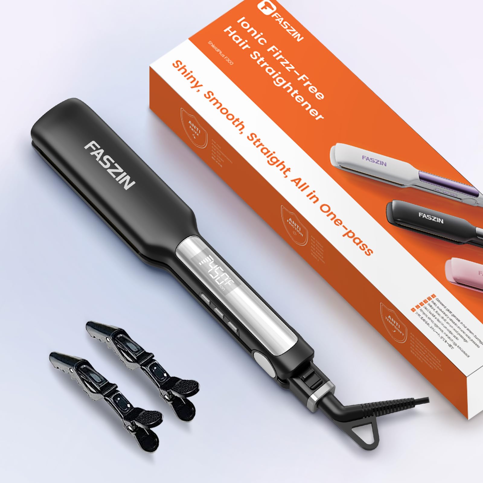 Professional Hair Straightener, 1.65inch Wide-Plate, Titanium Negative Ion Flat Iron, 30s Rapid Heating, LED Temp Display, Wide Voltage & 10 Adjustable Temp Levels (260-450℉) - Black