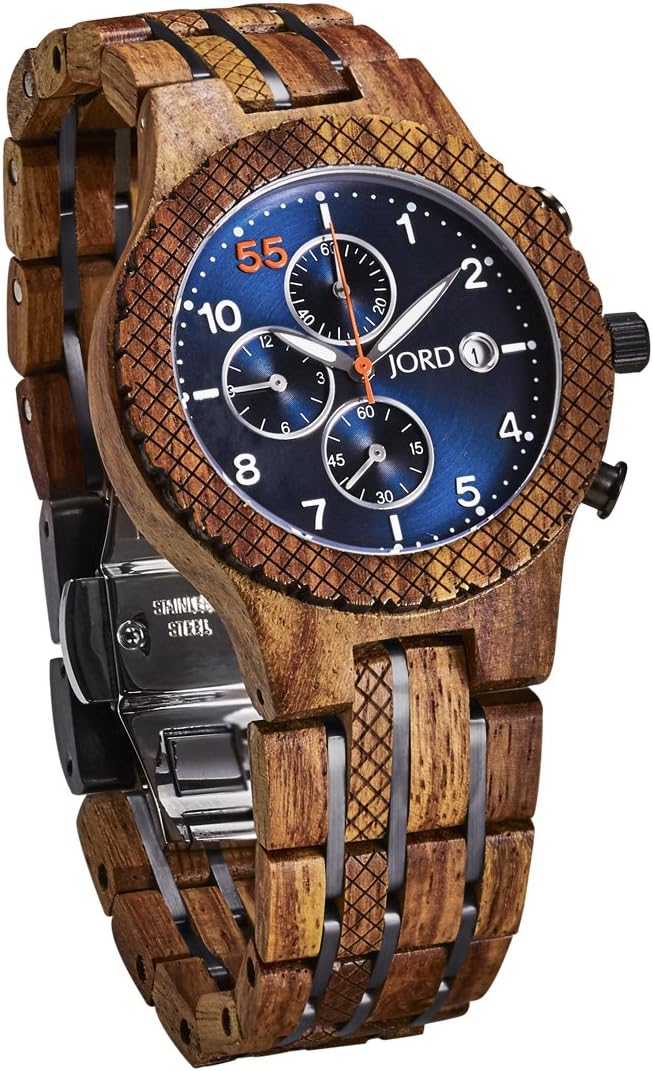 JORD Wooden Wrist Watches for Men - Conway Series Chronograph/Wood and Metal Watch Band/Wood Bezel/Analog Quartz Movement - Includes Wood Watch Box