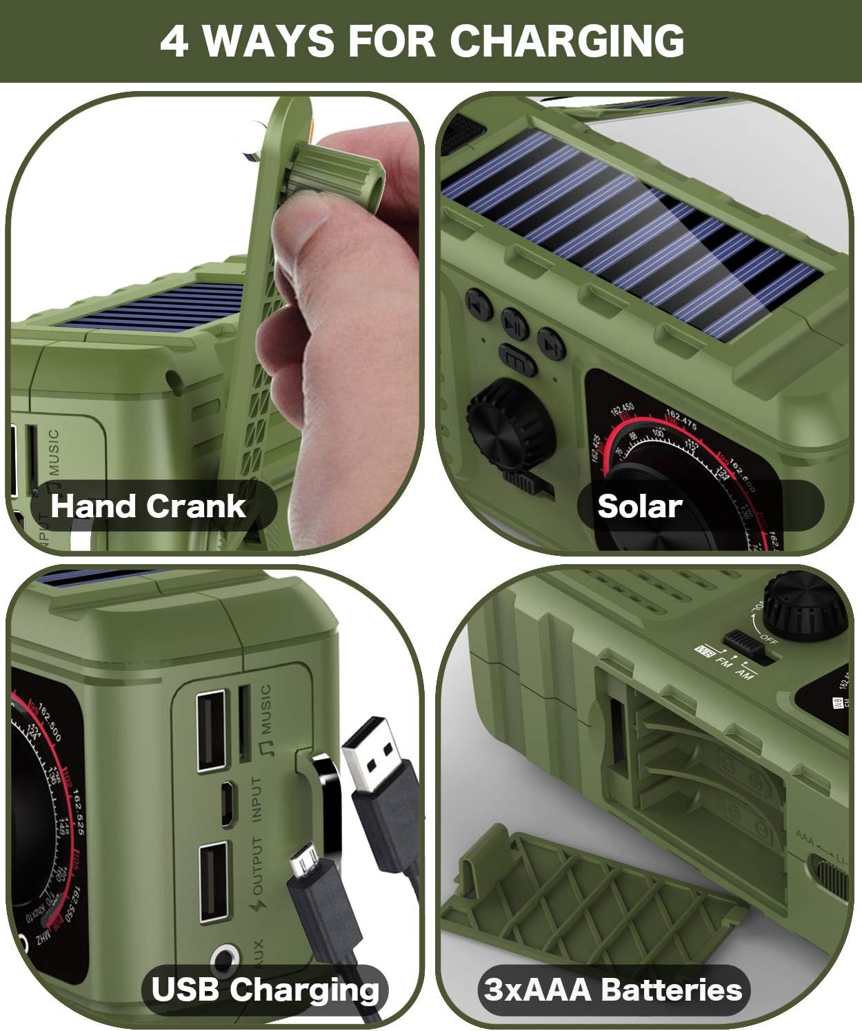 Solar Crank Emergency Radio, YEZRO NOAA/AM/FM Portable Weather Radios with Flashlight, SOS Alarm, USB Phone Charger, MP3 Player, 2200mHA Power Bank for Home Outdoor (Green): Home Audio & Theater