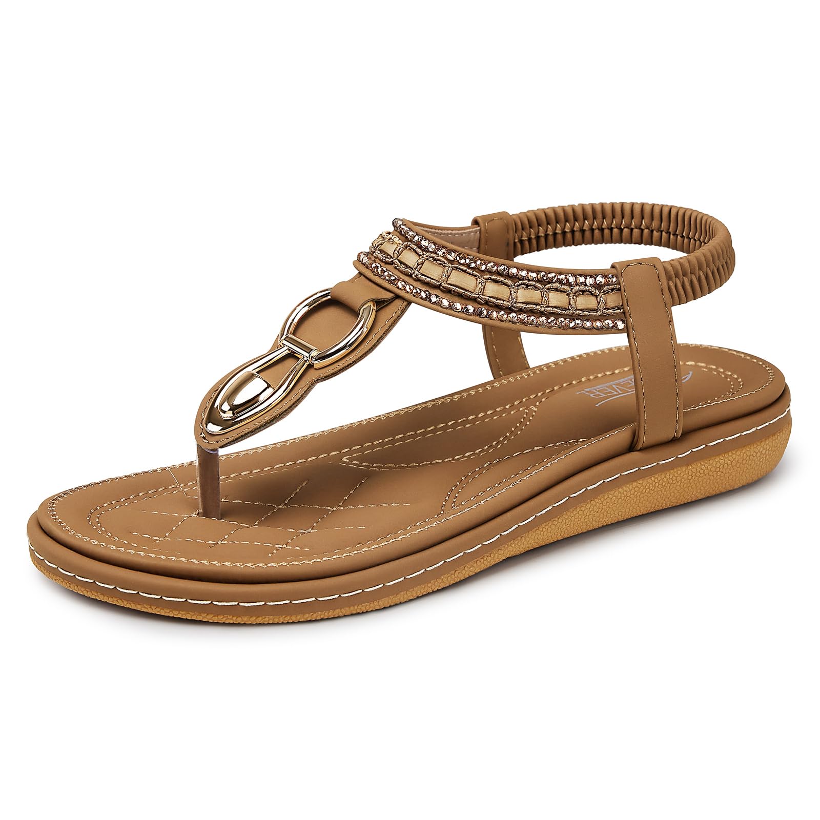Photo 1 of SHIBEVER Dressy Sandals for Women Comfortable: Summer Size 9 Ladies T Strap Brown Flat - Comfort Bohemian Walking Comfy Women Sandal