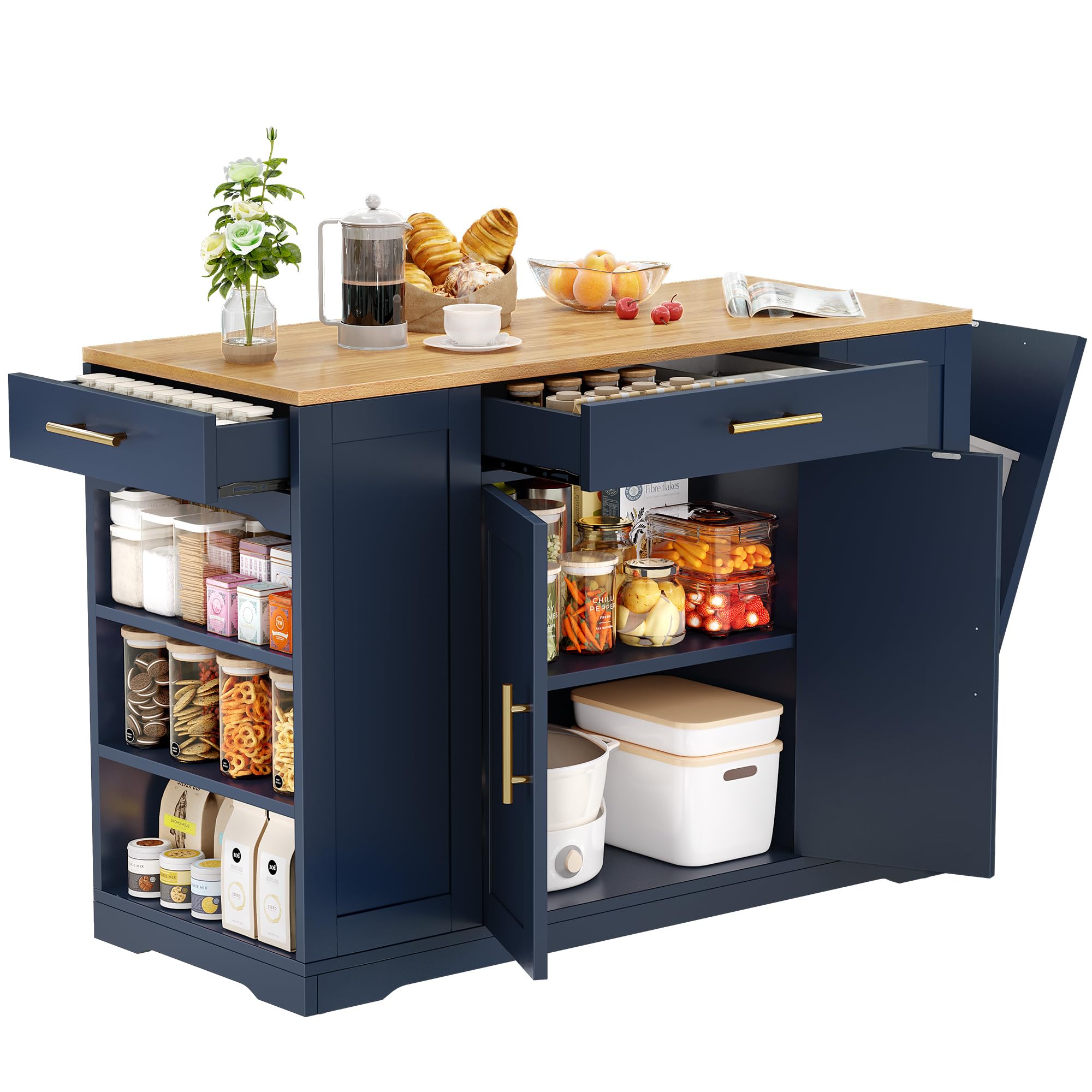 Photo 1 of DWVO Large Kitchen Island with Trash Can Storage Cabinet, 53 Inch Portable Kitchen Island with Storage, Long Rolling Island Table Cabinet for Kitchen on Wheels for 13 Gallon Garbage Bin, Navy Blue