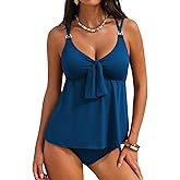 Aleumdr Women's Tankini Swimsuits Tummy Control Two Piece Bathing Suit V Neck Tie Front Flowy Swim Top with Bottom