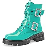 Perisis Women's Leather Platform Lug Sole Low Chunky Heel Combat Boots Lace Up Buckles Zipper Fashion Ankle Booties