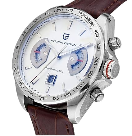 Pagani Design Racing Chronograph Mens Sports Watches White Dial Tachymetre Brown Leather Silver Watch