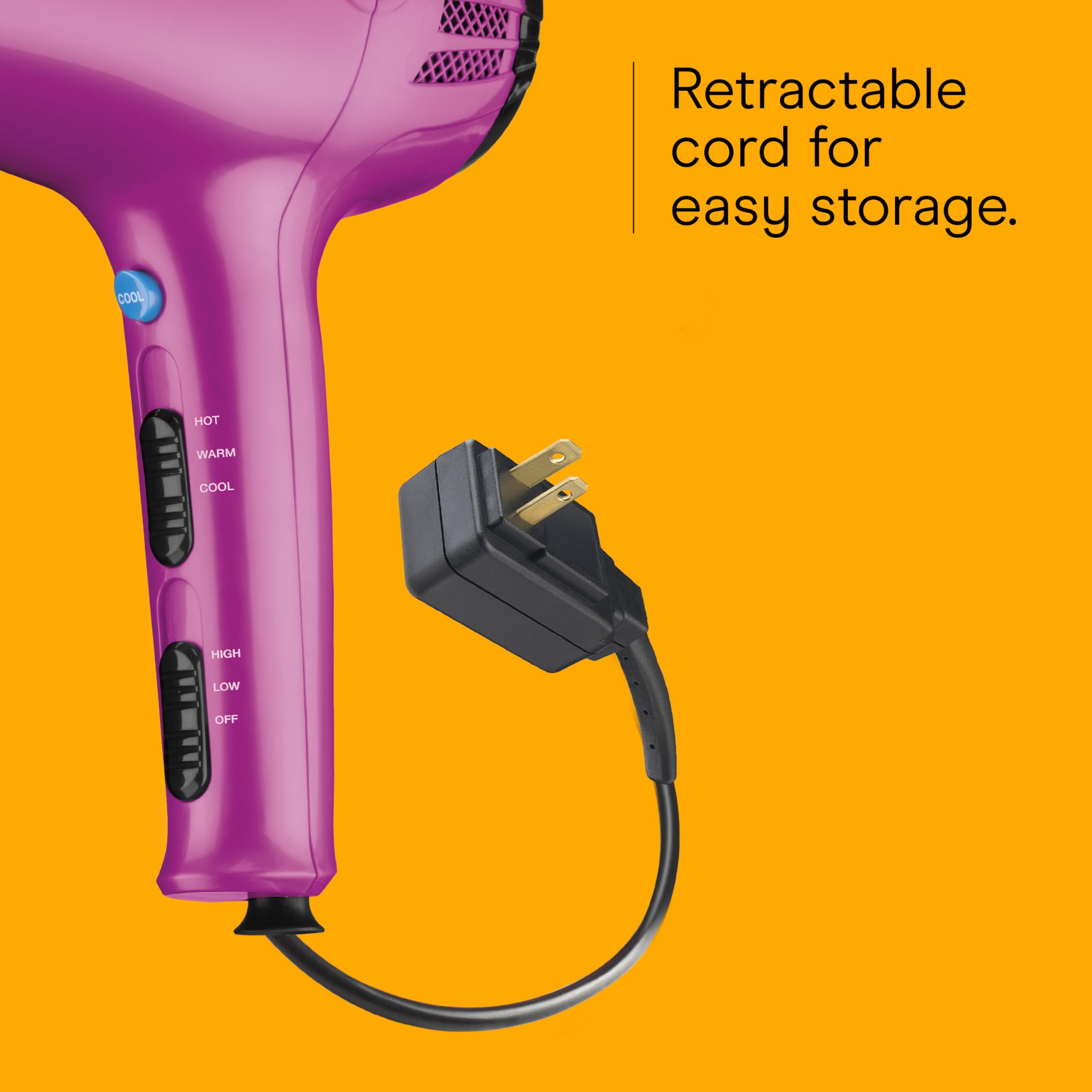 CONAIR Hair Dryer with Retractable Cord, 1875W Blow Dryer, 3 Heat Settings, 2 Speeds, Blow Dryer with Diffuser and Concentrator Attachments, Ionic + Tourmaline Technology, Pink