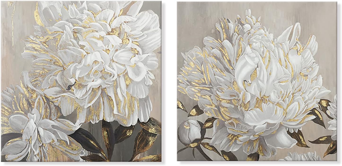 Paintings - Goldfoilart Flower Wall Art Floral Decor Modern White Blooming Pictures with Gold Foil Paintings Framed Artwork for Living Room Bedroom Kitchen Decorations 24