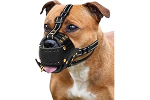 MIDOG Dog Muzzle, Leather Basket Soft Muzzles Medium Large Breeds, Pitbull Dog Muzzle Amstaff Muzzles Staffordshire Terrier, German Shepherd Dalmatian Doberman Adjustable Breathable Muzzles for Dog (L)