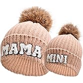 2PCS Parent-Child Beanie Hat Mama and MINI Embroidery Knitted Hat Winter Warm Cuffed Ski Cap with Pom Pom