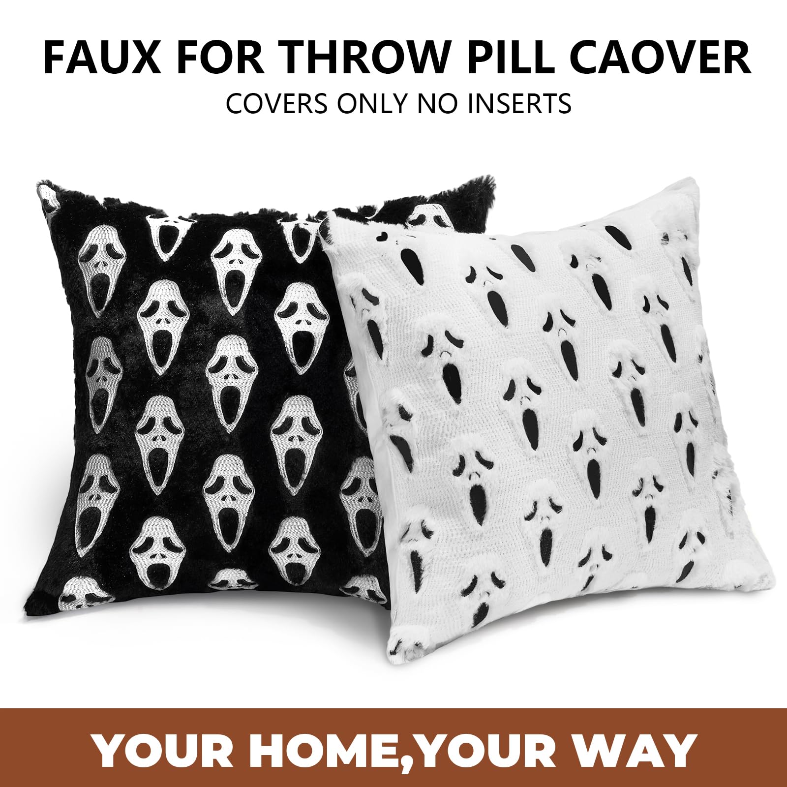 Halloween Scream Ghost Pillow Covers Set of 2, 18x18 Decorative Ghost Throw Pillowcases Soft Plush Faux Wool Cushions for Home Patio Sofa Couch (Ghost Black)