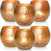 Gold Ramadan Decorations for Home Set of 6, Mosque & Crescent Moon Glass Tealight Candle Holders, Star & Lantern Votive Holders for Ramadan Table Decor, Elegant Eid Mubarak Islamic Gifts