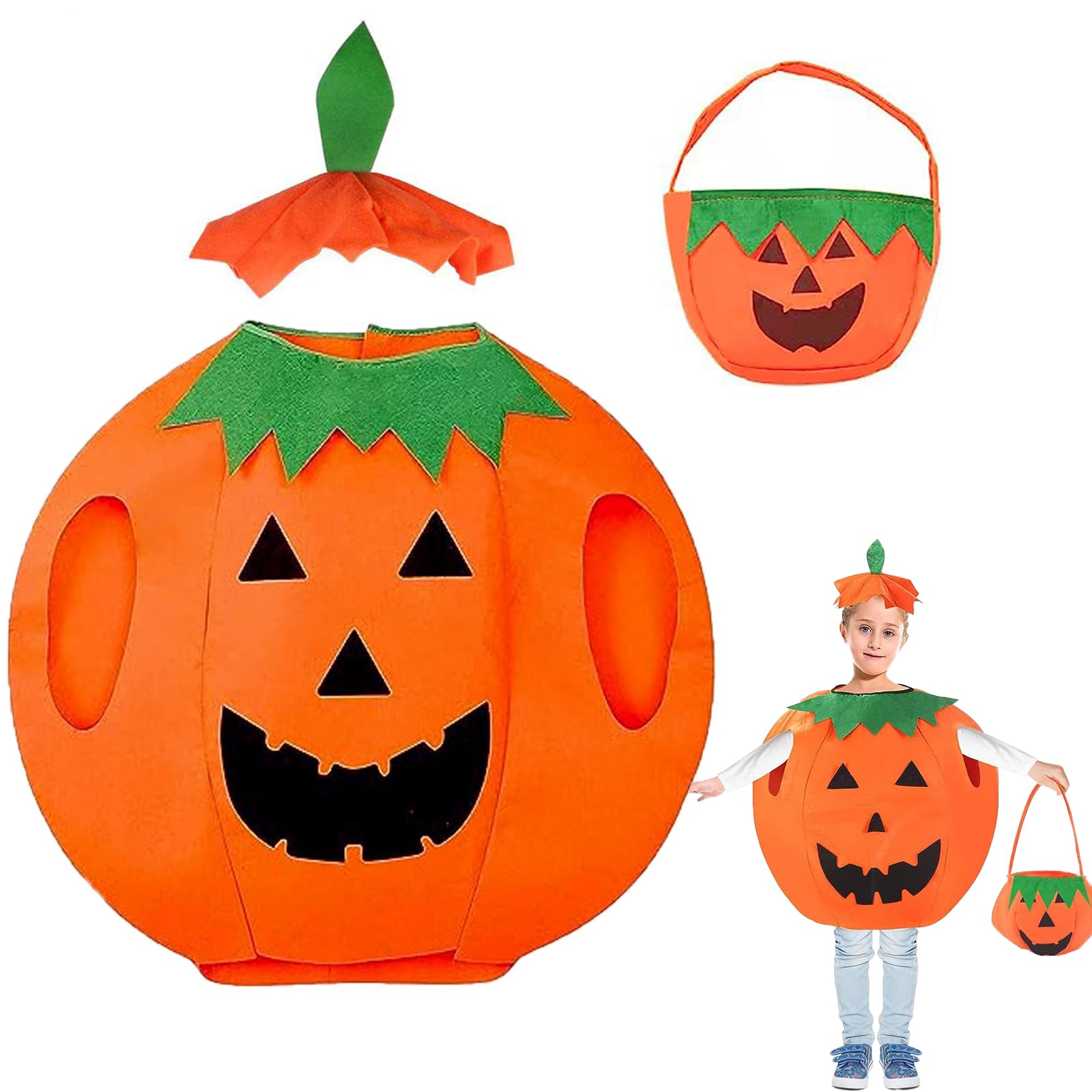 Huifengjie Pumpkin Costume for Boy Girl, Pumpkin Costume for Halloween, Pumpkin Costume with Hat and Pumpkin Basket, for Halloween Carnival Role Playing Theme Parties