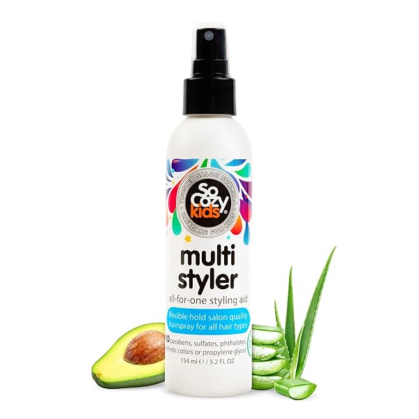 SOCOZY MULTI STYLER, STYLING HAIR SPRAY FOR KIDS, SAFE FOR EVERYDAY USE (5.2 FL OZ) HOLDS LIKE A LIGHT GEL, GENTLE FORMULA WITH QUINOA, VITAMIN B5 & ALOE, NO PARABENS, SULFATES OR SYNTHETIC COLORS