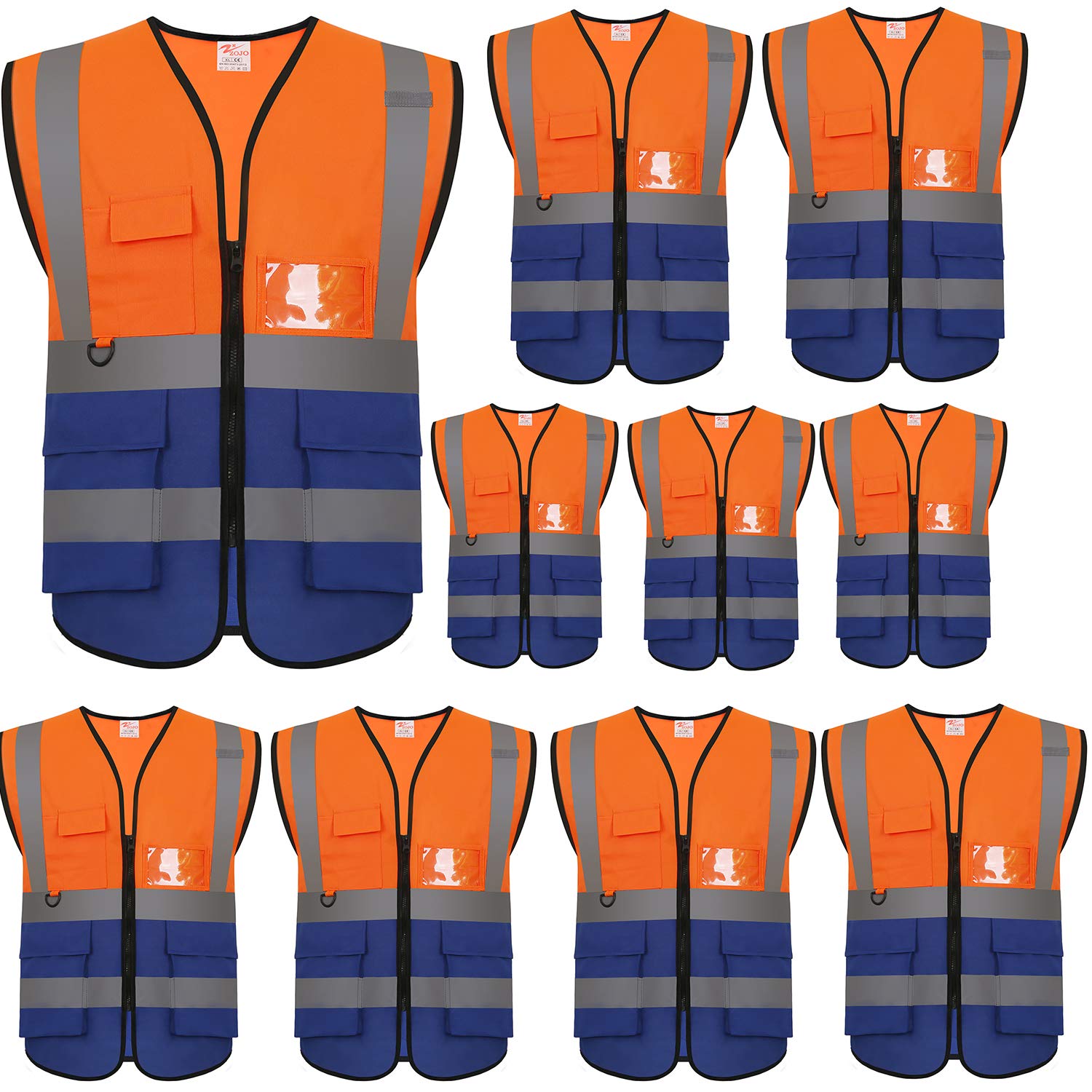 Photo 1 of zojo High Visibility Safety Vests With Pockets, Pack of 10,Wholesale Reflective Vest for Outdoor Works, Cycling, Jogging, Walking,Sports - Fits for Men and Women(2XL-Mix Orange & Blue)