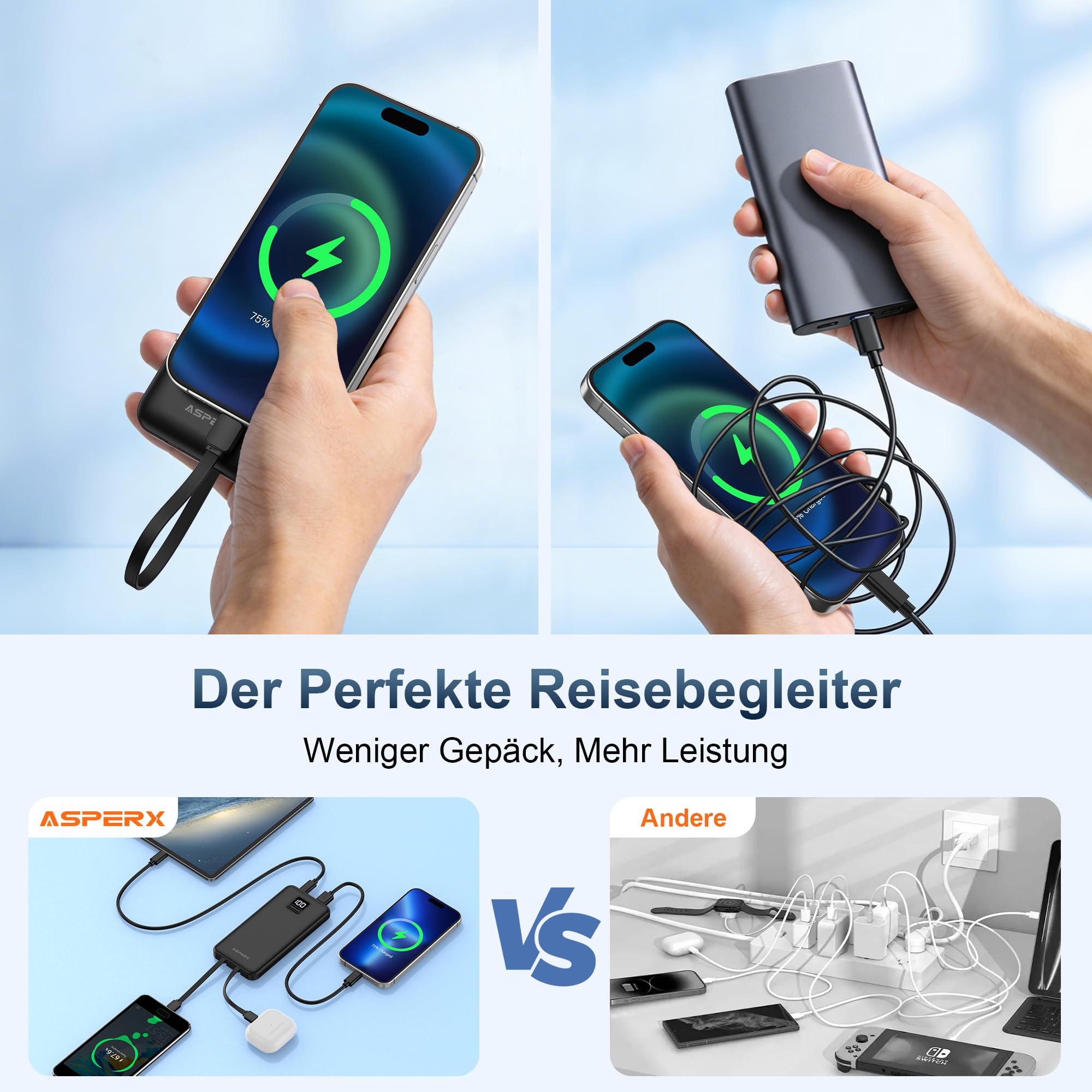 AsperX 2 Stück Powerbank 10000mAh mit USB-C Kabel Schnellladen 2