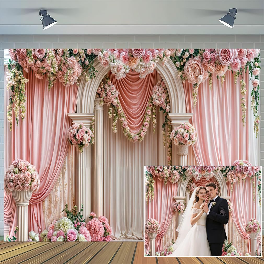 Photo 1 of 10X8ft Wedding Backdrop Pink Floral Curtian Photography Background for Valentine's Day Bridal Shower Engagement Ceremony Girls Birthday Party Decor Supplies Photo Studio Props Wall Decor Banner