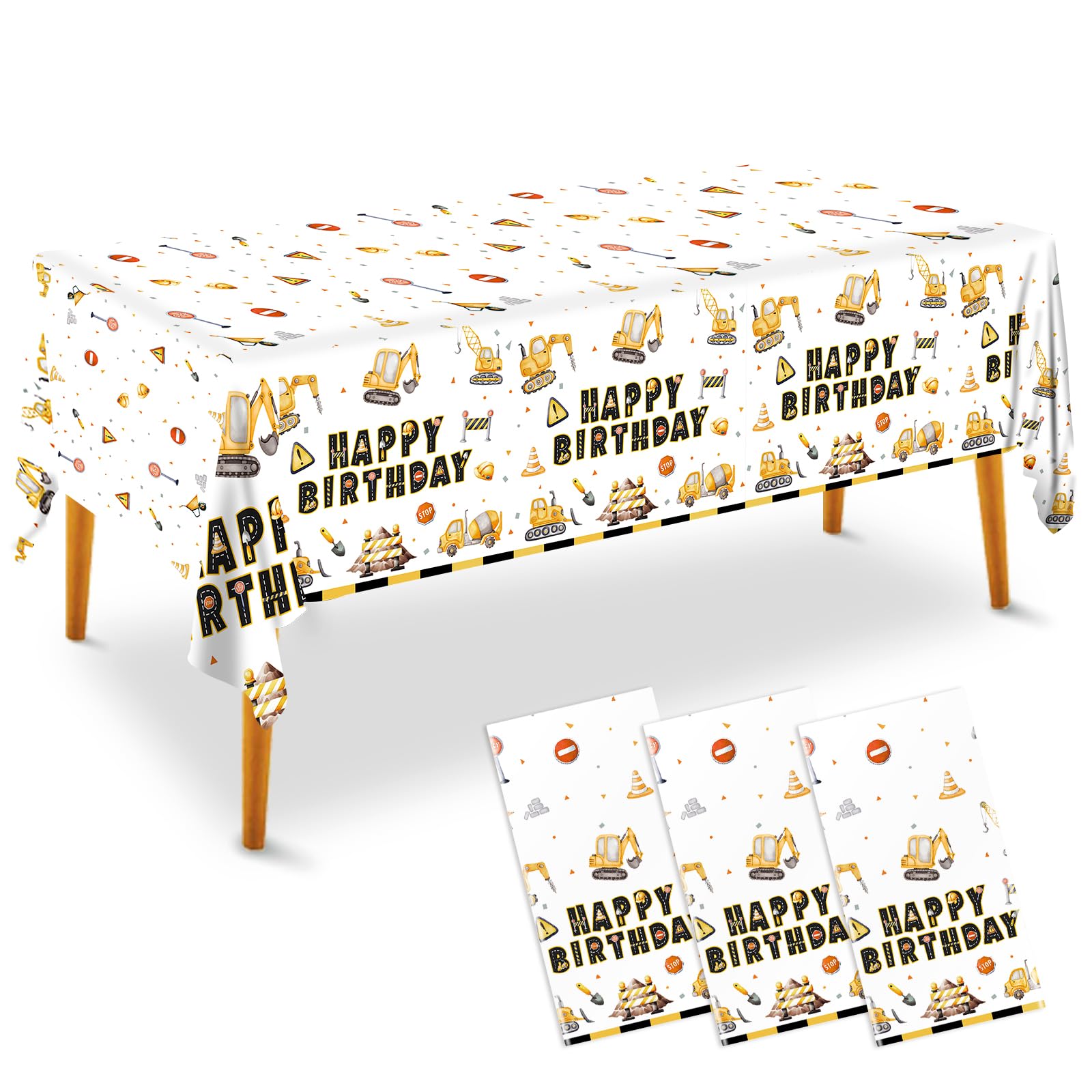 XIENBLOC 3pcs Construction Birthday Party Tablecloths Construction Party Plastic Tablecloth Disposable Rectangular Watercolor Table Cover for Boys Birthday Decorations 54"x108"