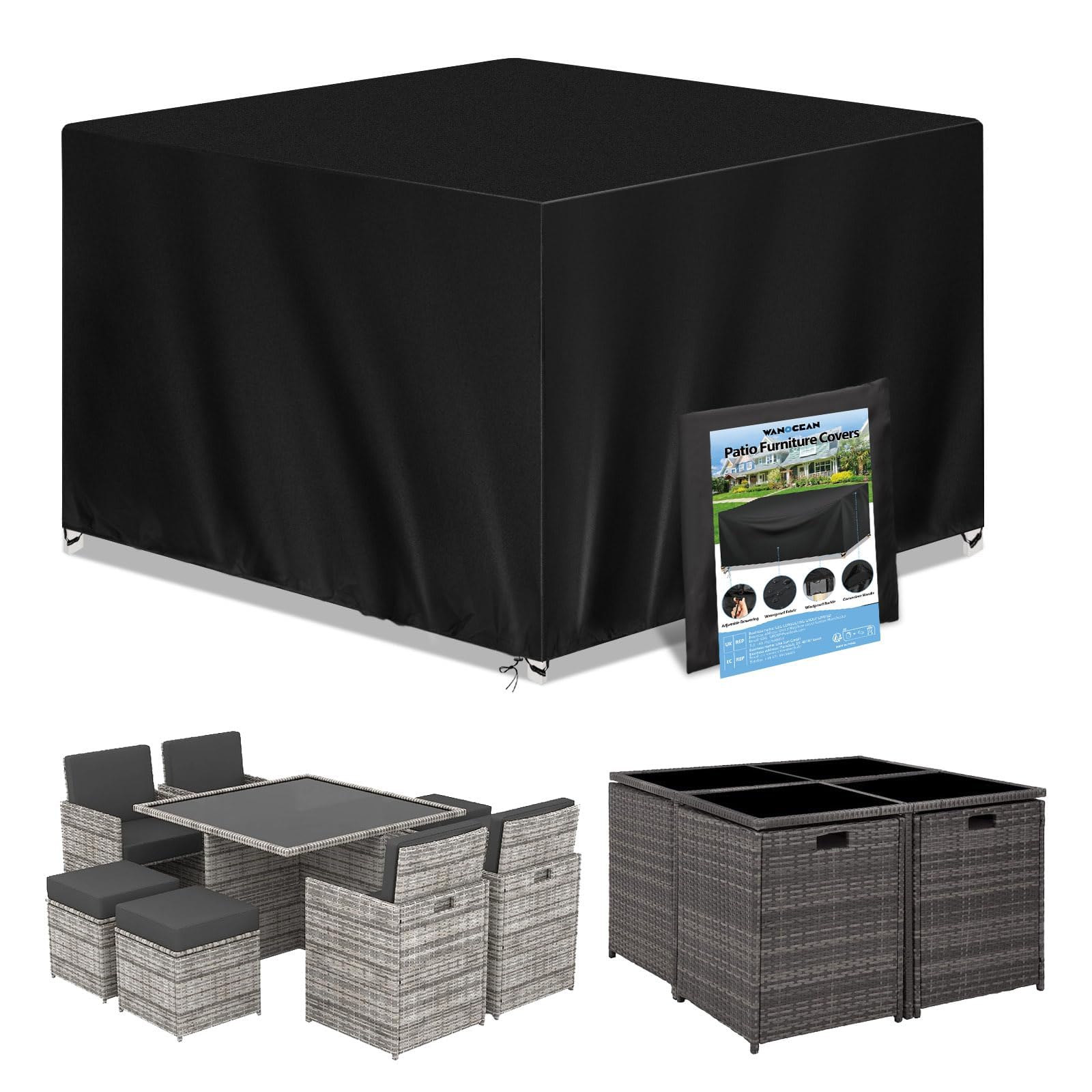 Wanocean Garden Furniture set Covers, Outdoor Patio Furniture Cover Waterproof 420D Oxford Anti-UV Tear-Resistant Rectangular Rattan Furniture Covers 140x140x90cm