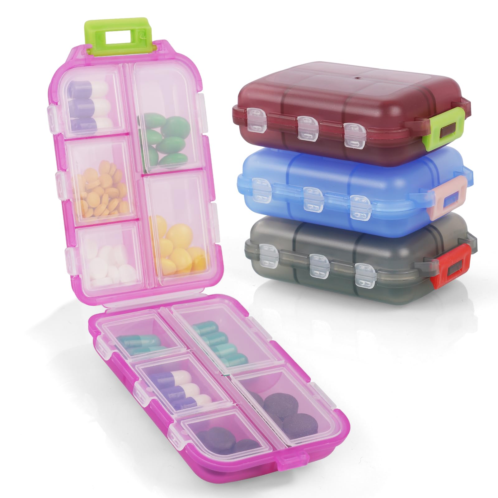 ACWOO Pill Box Organiser, 4Pcs Portable Medicine Storage Box with 10 Compartments, Pill Case Pill Dispenser to Hold Vitamins, Cod Liver Oil, Supplements and Medication for Travel & Work