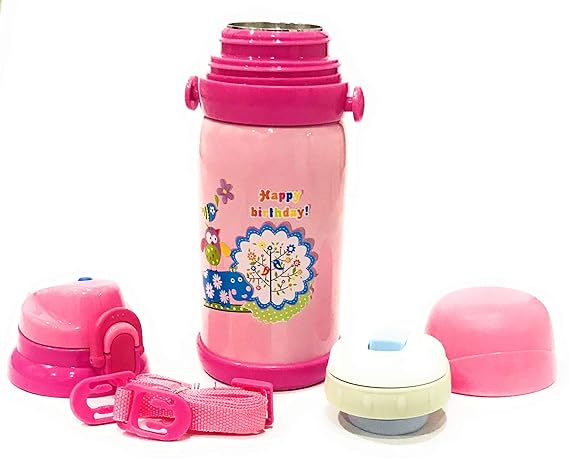 THE LITTLE LOOKERS Stainless Steel Insulated Sipper Bottle for Kids/Sipper School Bottle with Removable Handles/Travelling Water Bottle for Kids with Pop up Straw & Strap (Pink, 350ml)