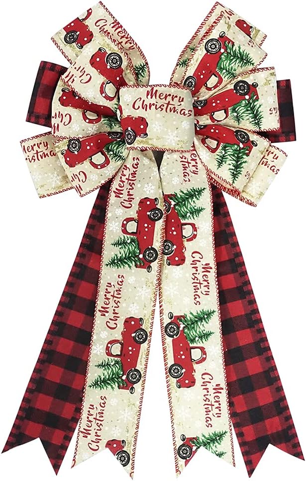 Bows & Ribbons - Large Christmas Bow for Wreath, Red Black Buffalo Plaid Bows for Front Door Wall Fence Decor, Tree Truck Snowflake Christmas Wreath Bow Tree Topper Bow for Winter Christmas Party Decoration Supplies