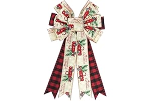 THREETOLS Large Christmas Bows for Wreaths, Buffalo Plaid Decorative Wreath Bow for Front Door, Merry Christmas Truck Wreath Bows Red Plaid Wreath Bows Christmas Bows for Indoor Outdoor Xmas Decorations