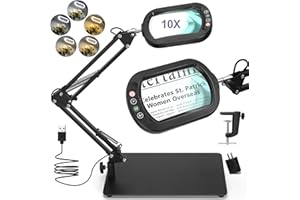 Drdefi 10X Square Magnifying Glass with Light and Stand, Real Glass LED Lighted Magnifier, 5 Color Modes Stepless Dimmable, Hands-Free Mag Desk Lamp with Clamp for Reading Craft Hobby Close Work