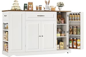 HOSTACK Kitchen Island Cart with Storage, 47'' Kitchen Storage Island on Wheels with 2 Drawers, Rolling Island Table with Adjustable Shelves, Mobile Buffet Sideboard Cabinet for Dining Room, White