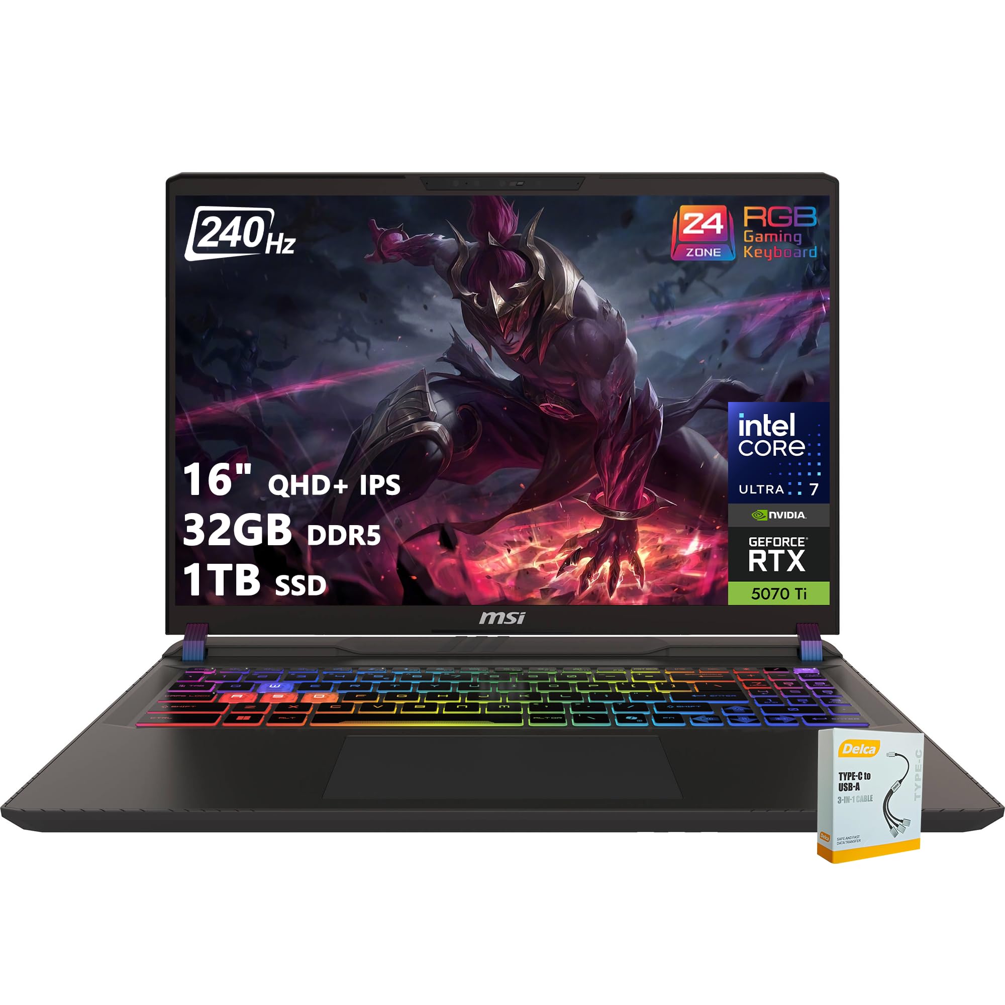 msi Vector 16 HX AI Gaming Laptop | 16" QHD+ IPS 240Hz | Intel Core Ultra 7 255HX | 32GB DDR5 1TB SSD | GeForce RTX 5070 Ti (Up to 992 AI Tops) | RGB Backlit Thunderbolt 5 Win11 w/DLCA Accessory