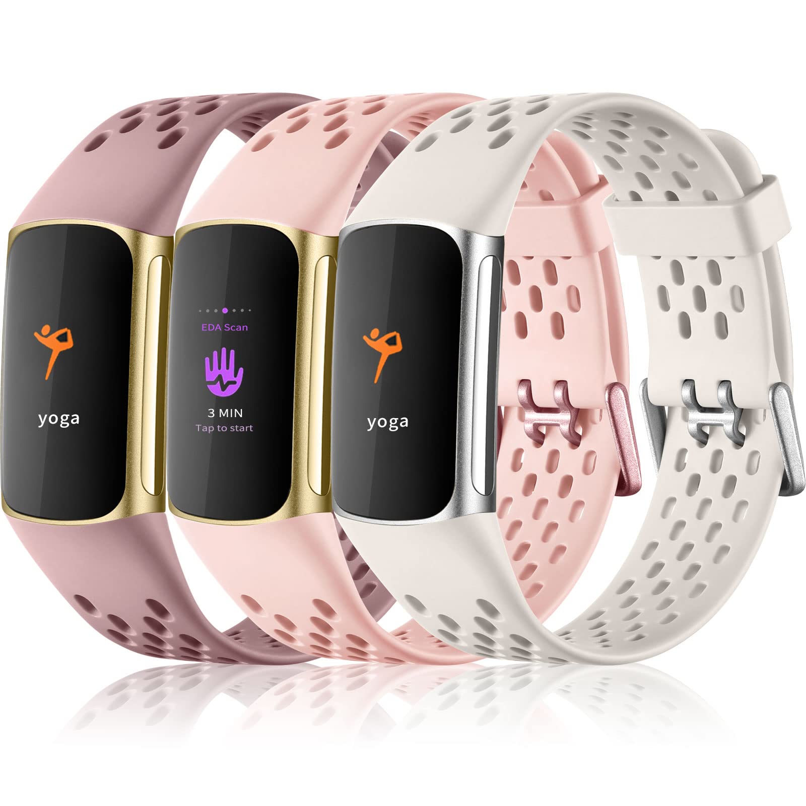Epova Compatible with Fitbit Charge 5 Strap for Women Men, Soft Breathable Adjustable Waterproof Replacement Sport Wristband Compatible for Charge 5 Strap, Dusty Pink/ Pink Sand/Lunar White — image 1