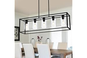 BONLICHT 5 Light Farmhouse Chandelier Rectangle Black Dining Room Lighting Fixture Hanging Industrial Kitchen Island Linear Pendant Light Rustic Flush Mount Ceiling Light with Clear Glass Shade