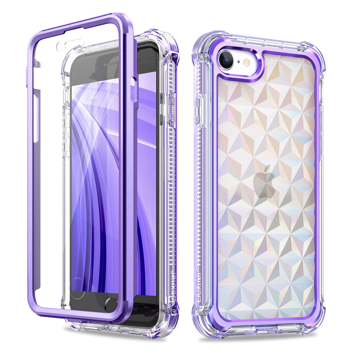 Dexnor Compatible with iPhone SE 2020(2022) case/iPhone 8/7 Case 4.7 Inch 360 Degree Full Body Clear Shockproof Bumper Dustproof Protective Cover with Built-in Screen Protector - Diamond Purple