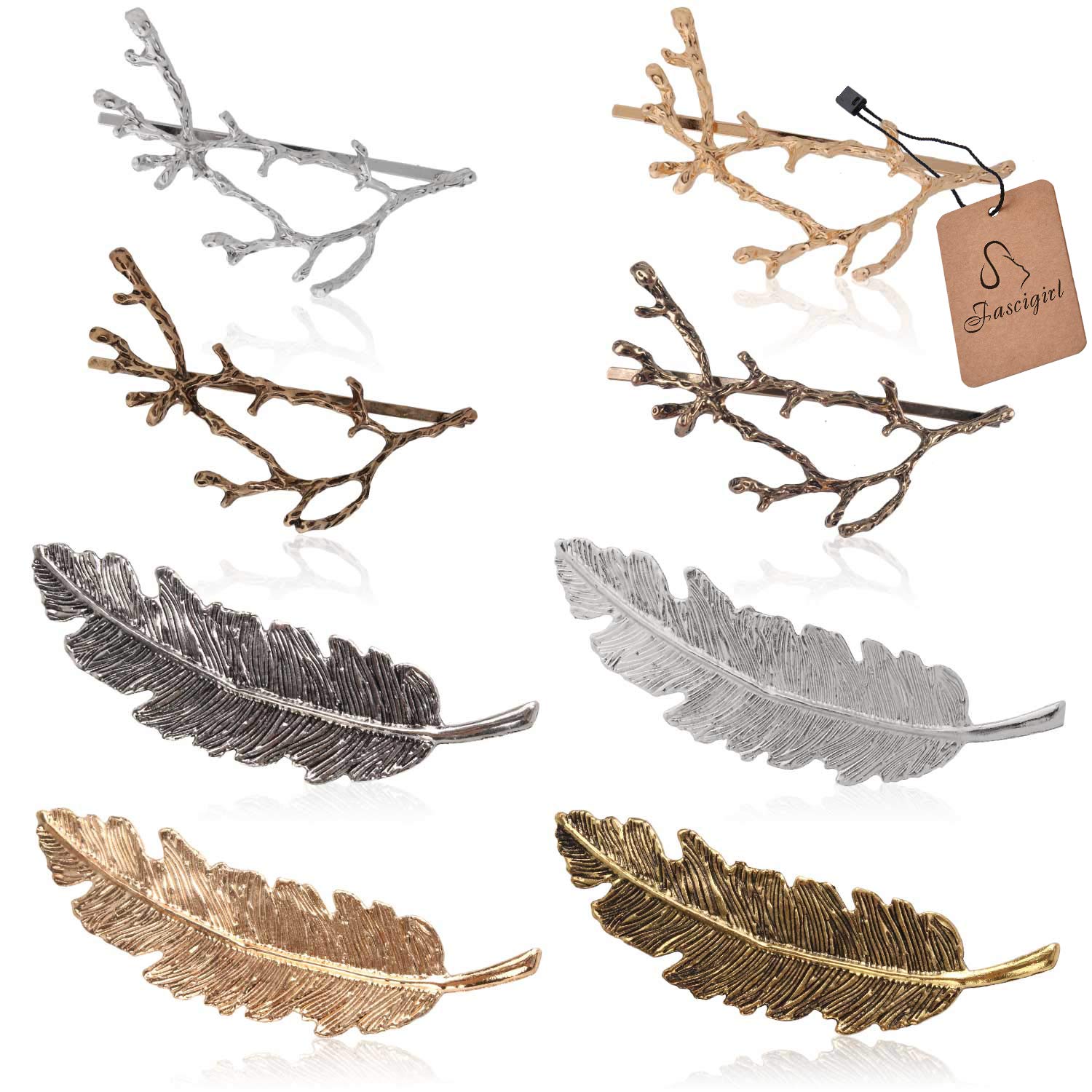 Womens Barrettes, Fascigirl 12PCS Metal Hairpins Gold Silver Butterfly Hair Clips for Girls Tree Branch Alloy Geometrical Moon Circle Bowknot Hair Circle Barrettes (Tree Branch + Tree Leaf)