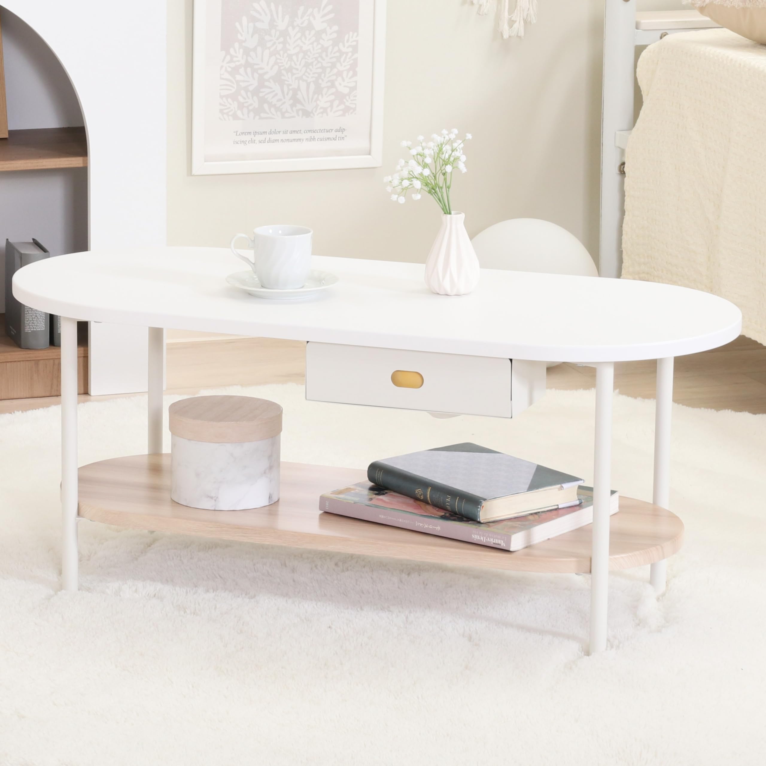 不二貿易 ローテーブル 幅90×奥行40×高さ40cm ナチュラル ティッシュ収納付き 韓国インテリア 2段仕様 Chamill 41312