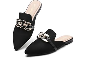 Tilocow Knitted Mules for Women Flats Metal Chain Decor Pointed Toe Mesh Backless Loafers Slip On Business Casual Shoes Walking Slides Flat