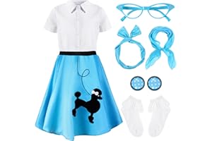 Silicherry 1950s Kids Poodle Skirt 50s Sock Hop Costume with Shirt Scarf Headband Earrings Glasses Socks