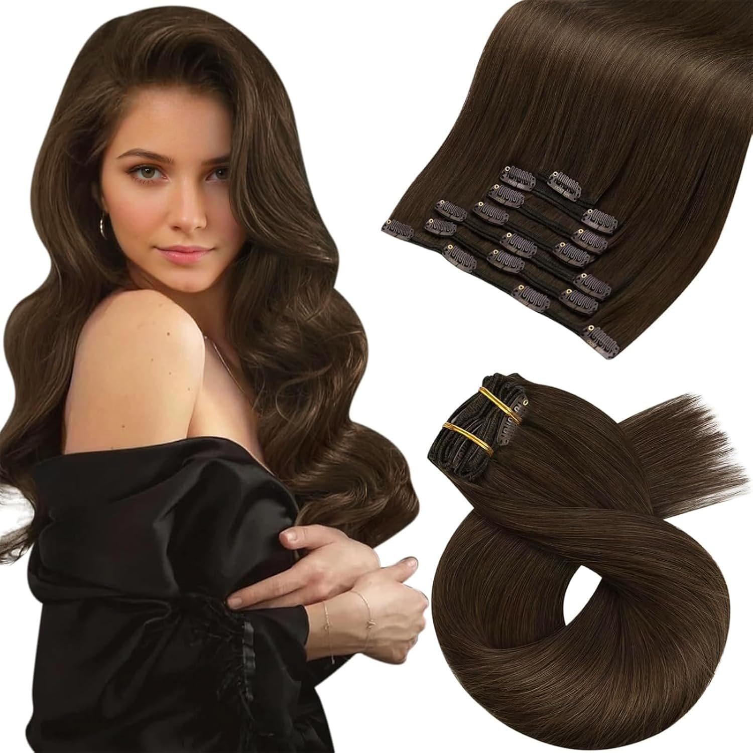 Moresoo Dark Brown Hair Extensions Clip in 18 Inch Full Head Clip in Hair Extensions Real Human Hair Chocolate Brown 120g 7pcs #4 — image 1