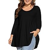 splensive Womens Tunic Tops 3/4 Sleeve Plus Size Crew Neck Swing Flare Loose Fit T-Shirt Blouses to Wear with Leggings