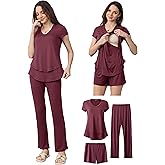 SUNNYBUY 3 PCS Maternity Breastfeeding Pajamas Set, Hidden Nursing Tops, Adjustable Pregnancy Shorts & Pants Postpartum PJS