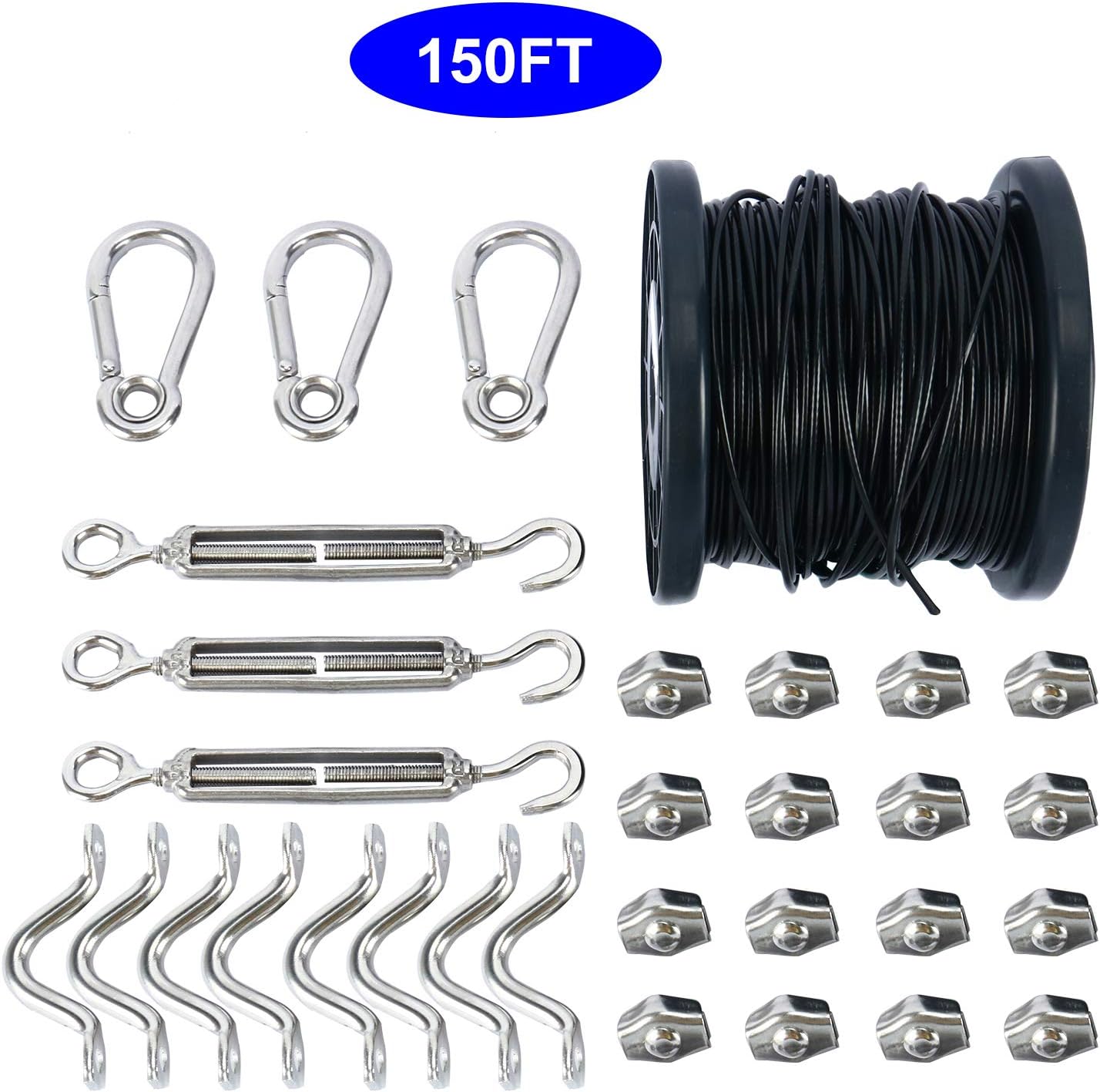 YaeGarden Stainless Steel String Suspension Kit Outdoor Wire With150 FT Wire Rope Cable,Turnbuckle and Hooks