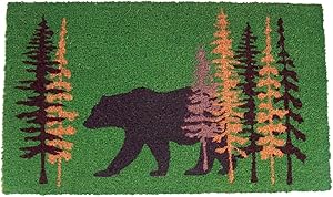 Green and Black Bear in The Woods Cabin Themed Home Decor Coir Front Door Mat, 30 Inches