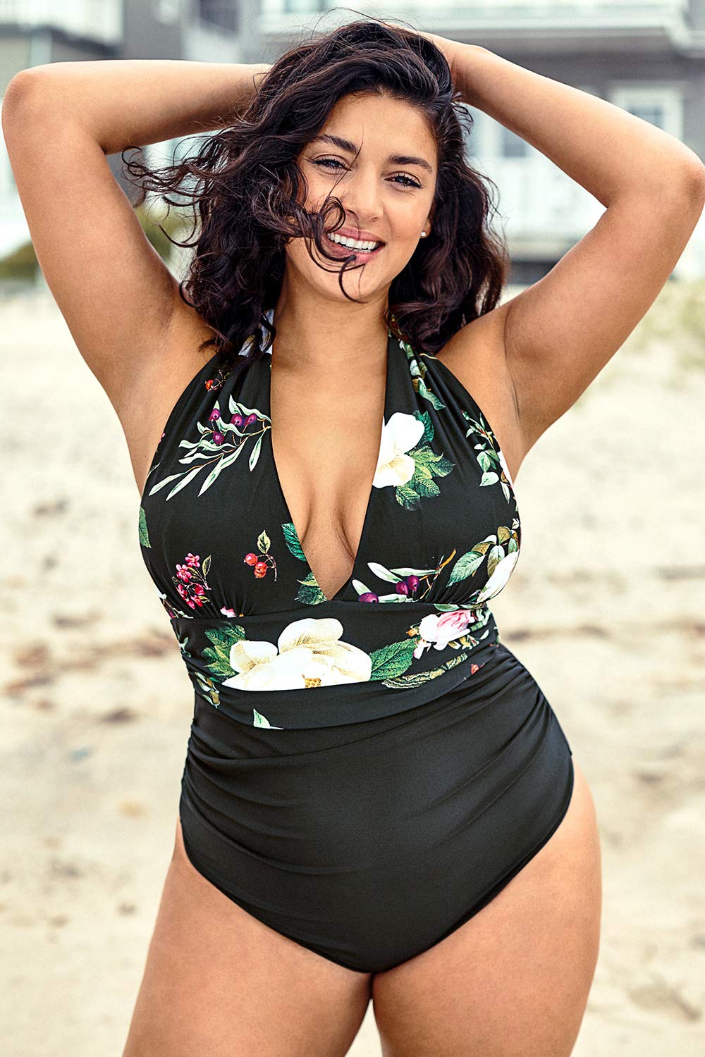 CUPSHE Women's Plus Size One Piece Swimsuit Floral Print Halter Lace