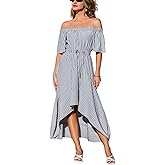 CUPSHE Women's Summer Dresses Striped Off Shoulder Tie Waist Short Sleeve Ruffle Beach Vacation Flowy Maxi Dress