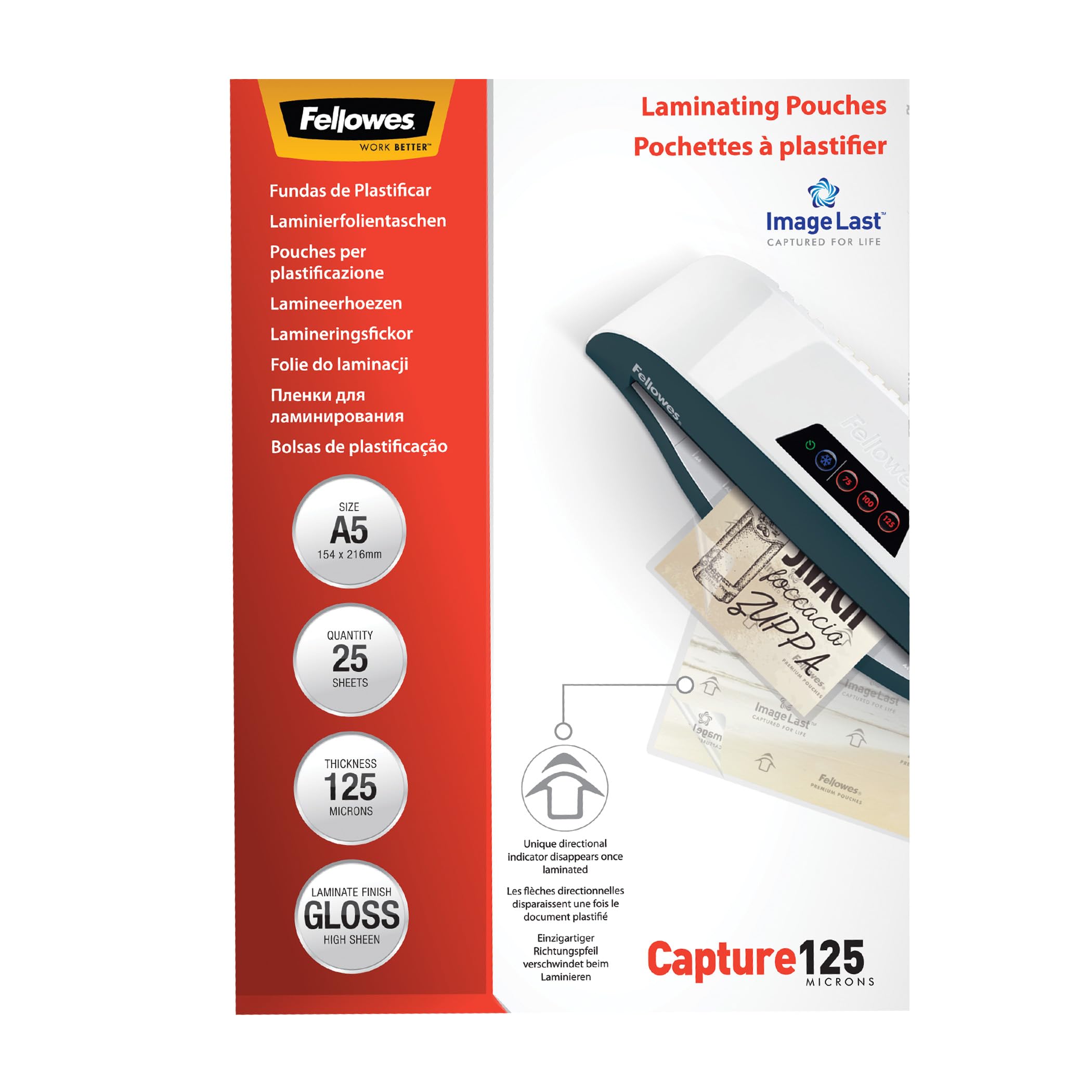 Fellowes A5 Laminating Pouches, Gloss Finish, 25 Sheets, 250 Micron (2 x 125 Micron) Finish with ImageLast Directional Quality Mark - Ideal for Photos, Notices and Everyday Use