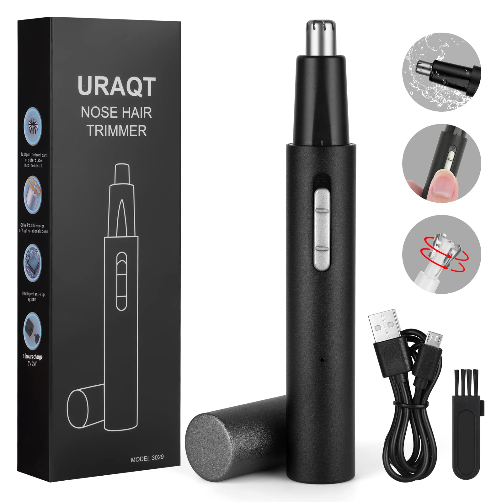 URAQT Ear and Nose Hair Trimmer for Men and Women, Professional Painless Clipper, USB Rechargeable, Waterproof Dual Edge Blades, Black
