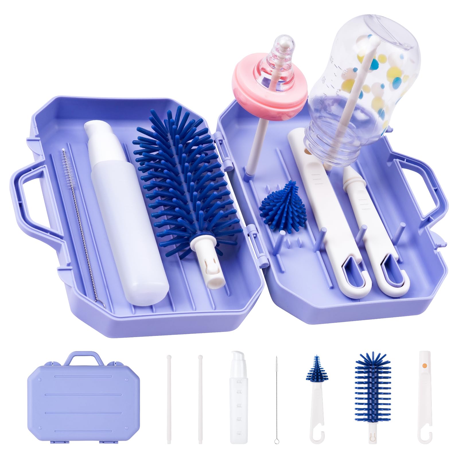 Vicloon 5 in 1 Travel Baby Bottle Set - Portable Silicone Bottle Brush, Straw & Pacifier Brush, Drying Rack, Dispensing Bottles, Purple