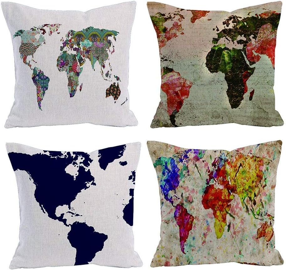 AAYU World Map Cushion Covers Set of 4 50cm x 50cm Decorative Throw Pillow Covers for Sofa Couch Bedroom Car