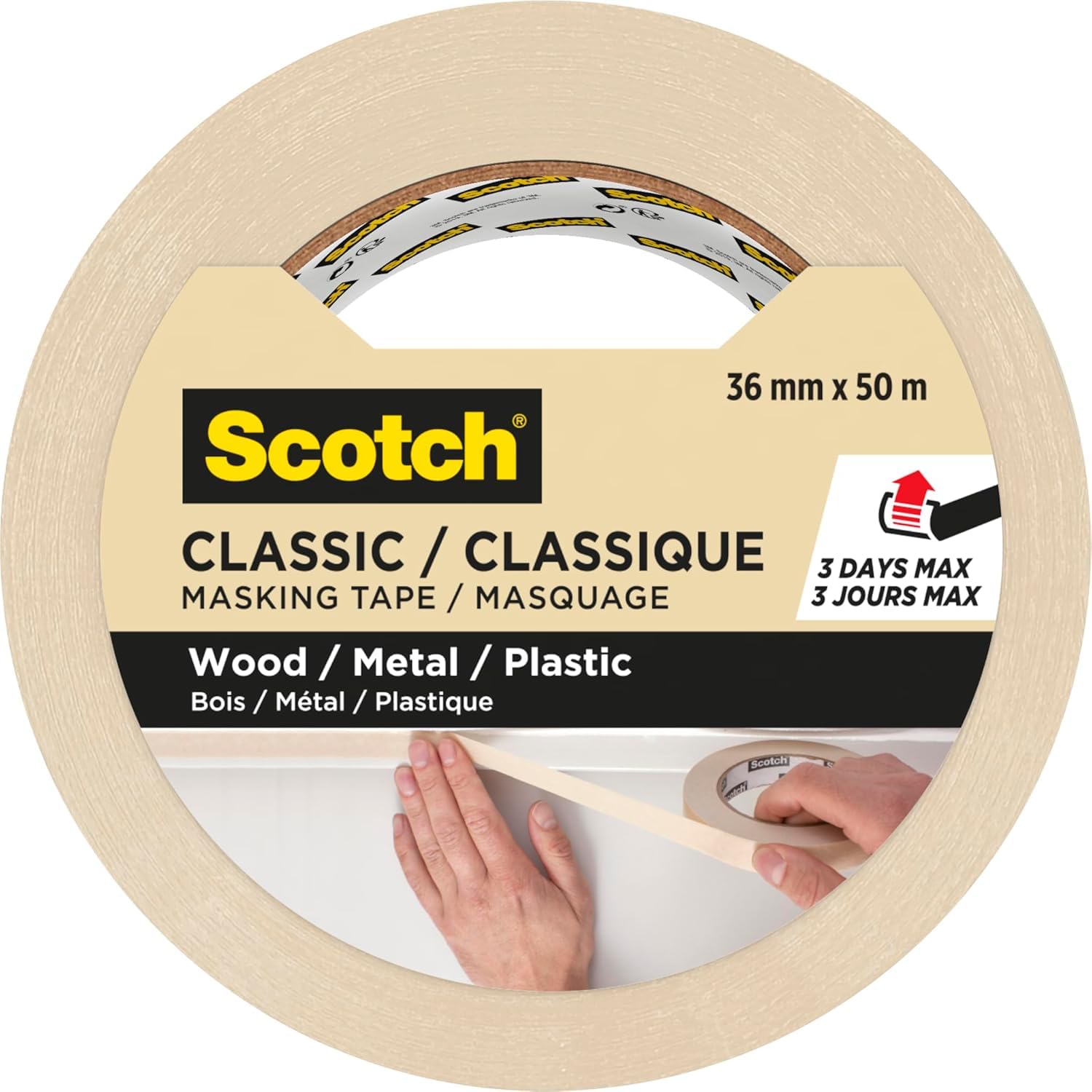Scotch Classic Masking Tape, 1 Roll 36mm x 50m - Adhesion - Painters Masking Tape for Indoor Painting and Decorating