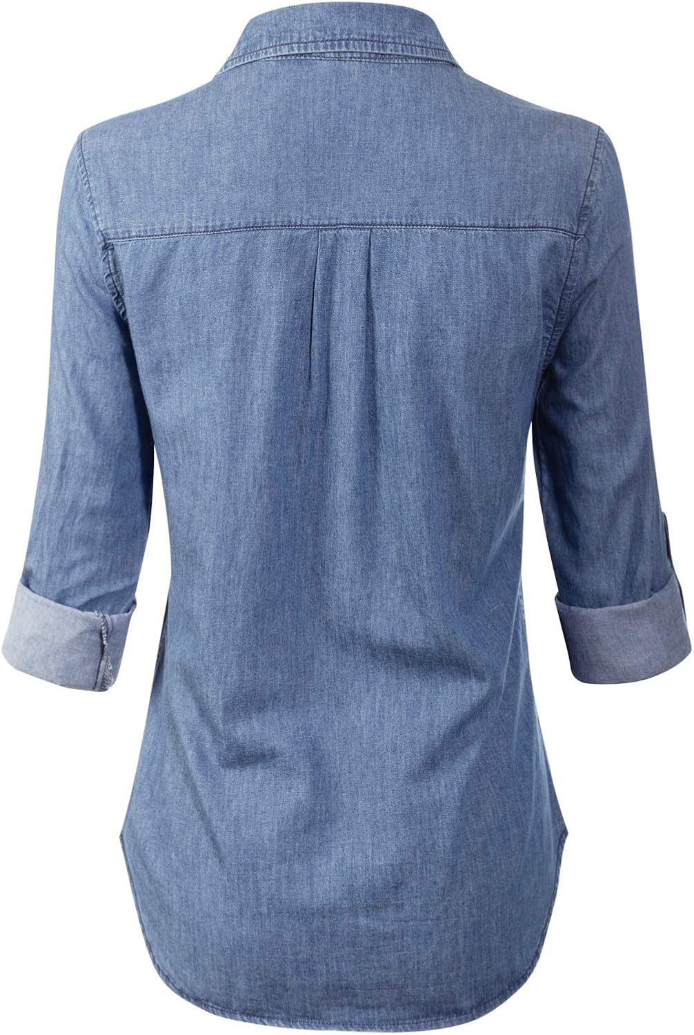 Design by Olivia Women's Basic Classic Roll up Sleeve Button Down Chambray Denim Shirt: Clothing